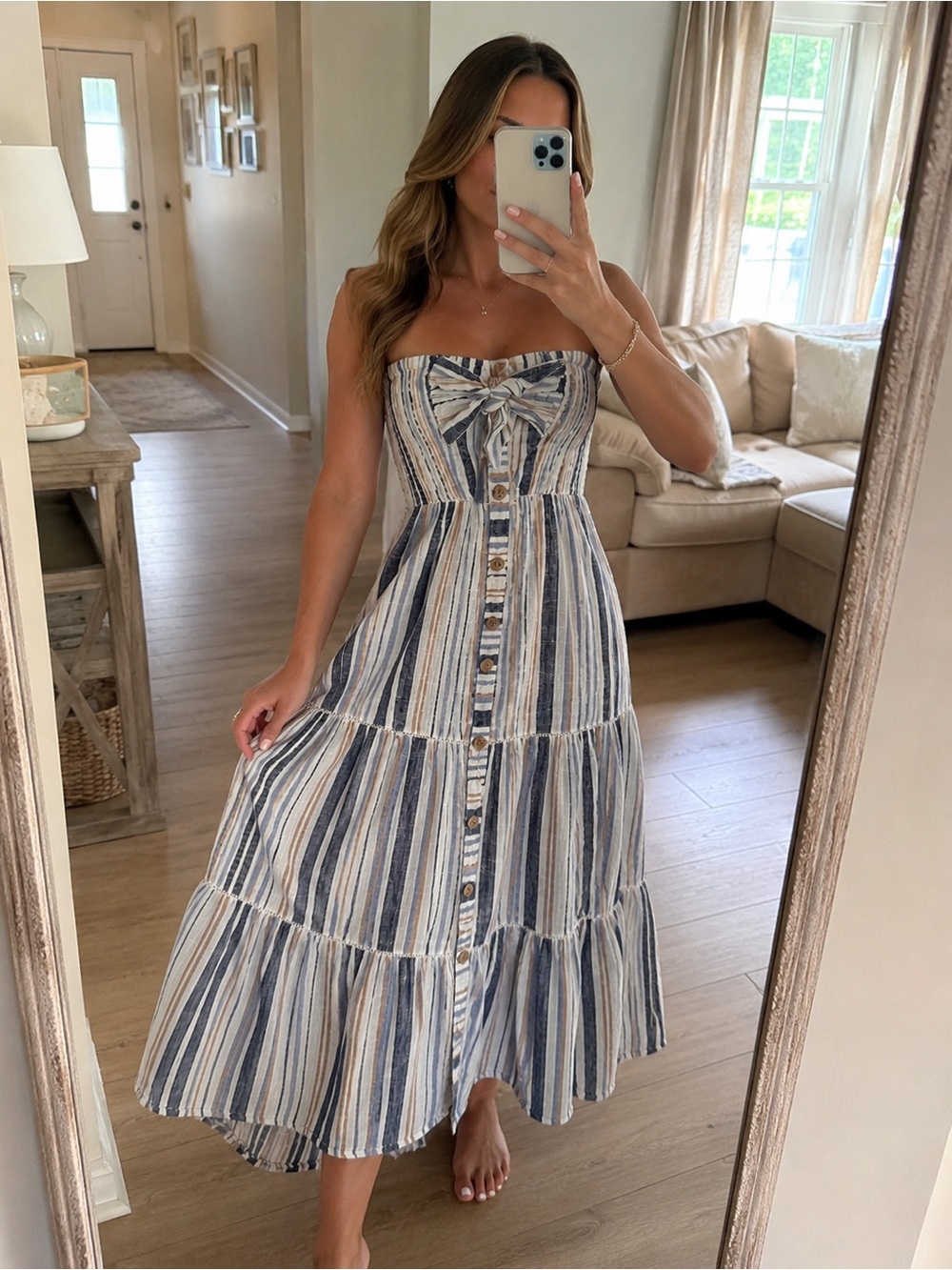 blue island Striped Strapless Tiered Maxi Dress in Blue and Cream
